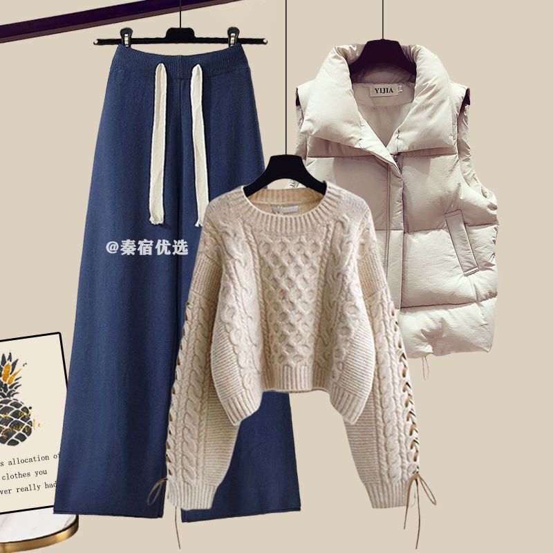 大码女装秋冬季套装2025新款针织毛衣女百搭马甲显瘦休闲裤三件套|undefined