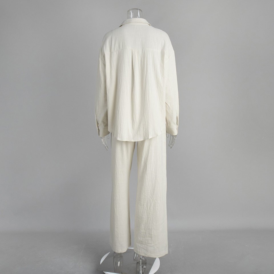 Bộ áo sơ mi dài tay rộng rãi kèm quần dài cotton phong cách thường ngày — Màu trắng nhạt, hồng, màu cà phê, màu trắng chi tiết 9