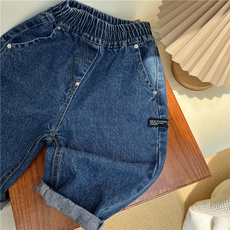 Korejske otroške oblačila, jesenske temno modre kavbojke 2024, ohlapne enobarvne očetovske priložnostne jeans hlače za fantke in deklice_voghion.com