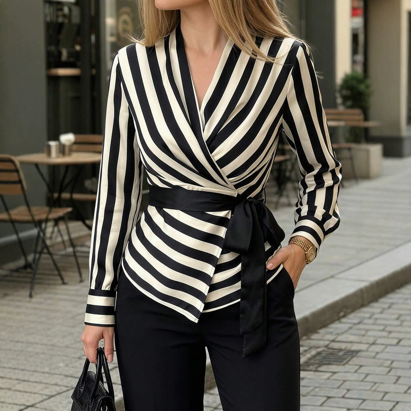 European and American Style Black and White Striped Long-Sleeve V-Neck Shirt with Waist Tie, Elegant and Fashionable Commuter Blouse for Women European and American Style Black and White Striped Long-Sleeve V-Neck Shirt with Waist Tie, Elegant and Fashionable Commuter Blouse for Women