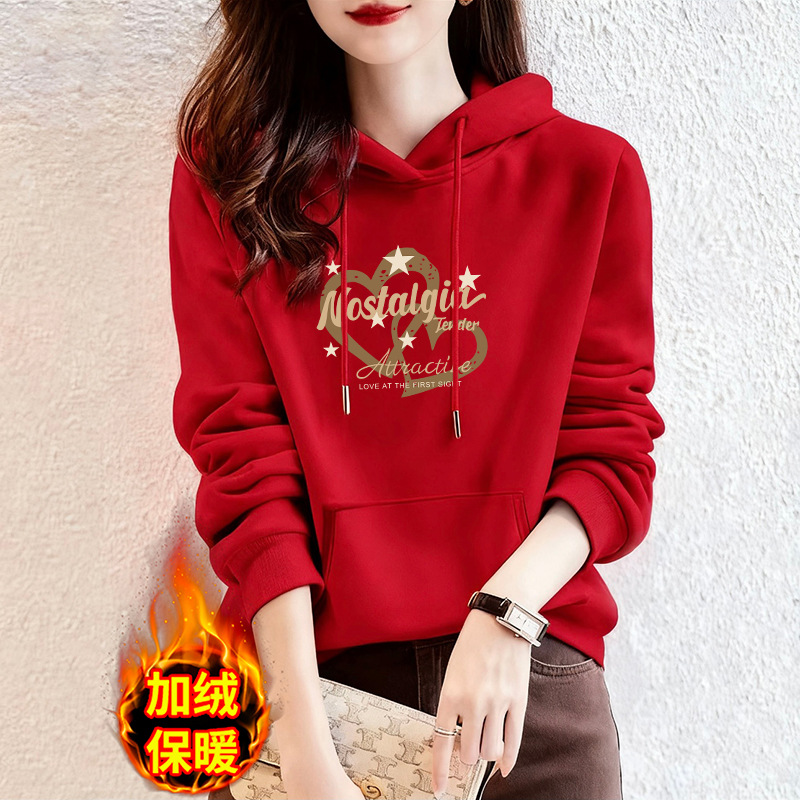 大红色连帽卫衣女士加绒保暖印花套头帽衫姐妹装广场舞显白上衣潮