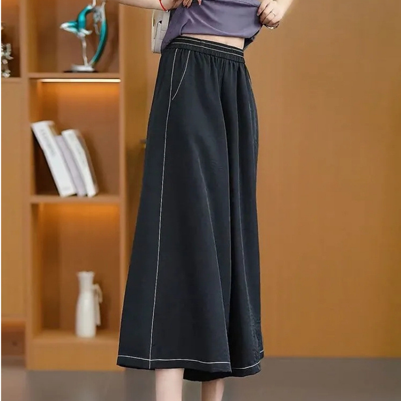 Ice Silk Quick-Dry Cropped Pants Skirt for Women, Casual 2026 Summer Thin Elastic Waist Slimming Black Plus-Size Wide-Leg Pants