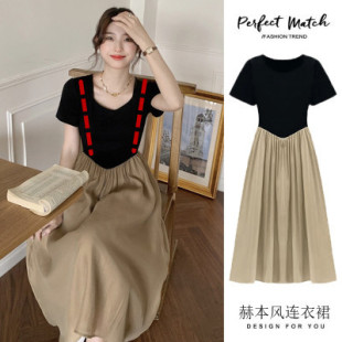 Breastfeeding 2024 Summer New Niche Hepburn Style V-Neck Elegant Stitching Fake Two-Piece Short-Sleeved Dress