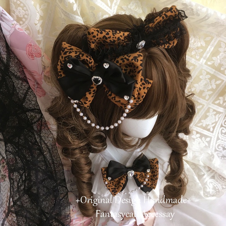Rose Cat Leopard Print Japanese Style Gal Full Diamond Bow Hairpin Necklace Leopard Print Hair Hoop Y2K Hair Accessories