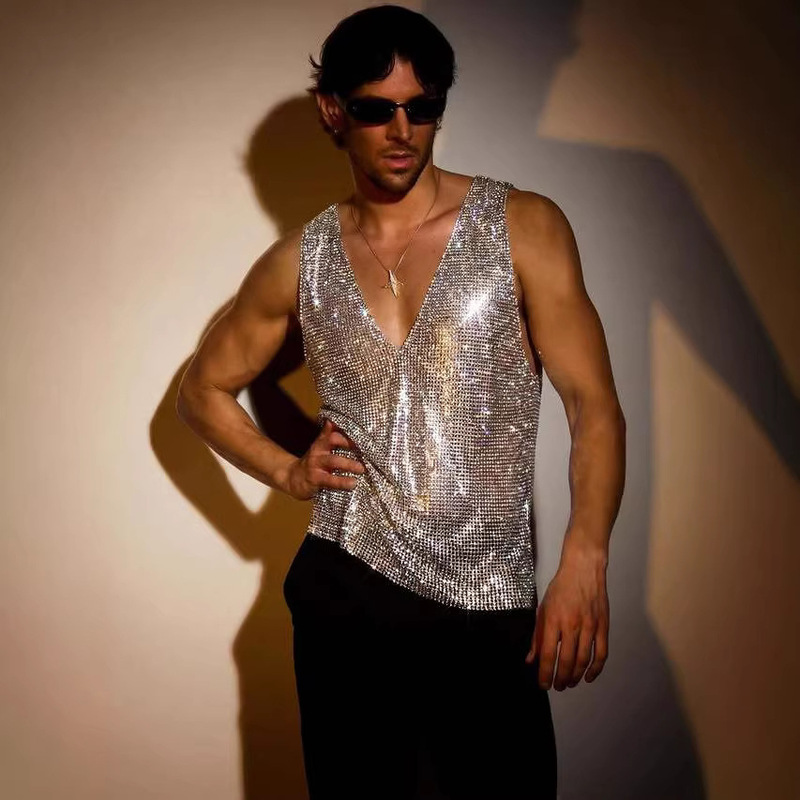 L9353 Cross-Border Amazon Silver V-Neck Vest Men's Rhinestone-Studded Nightclub Versatile Top Music Festival Clothing L9353 Cross-Border Amazon Silver V-Neck Vest Men's Rhinestone-Studded Nightclub Versatile Top Music Festival Clothing