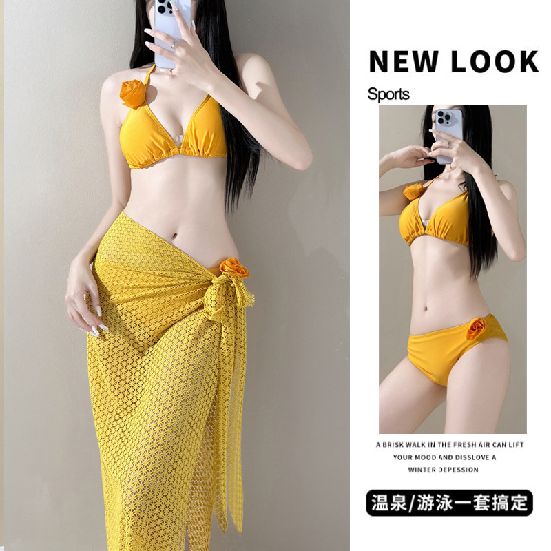 Thailand New Ginger Yellow Niche Split Flower Bikini Island Vacation Slimming Hot Spring Three-piece Swimsuit Women