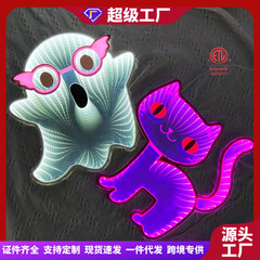 ハロウィーン黒猫ライト幽霊ライト3D無限ミラー光トンネルライト深淵ネオン祭りパーティー装飾ライト
