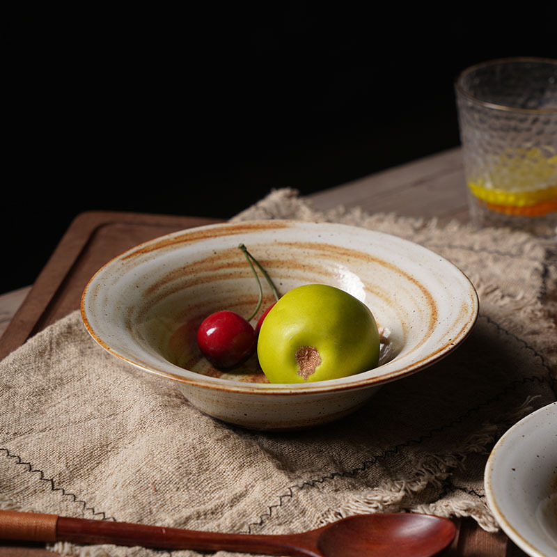 Japanese-style stoneware-style straw hat bowl handmade glaze deep plate vintage old flat-bottomed special dish bowl brush pattern tableware