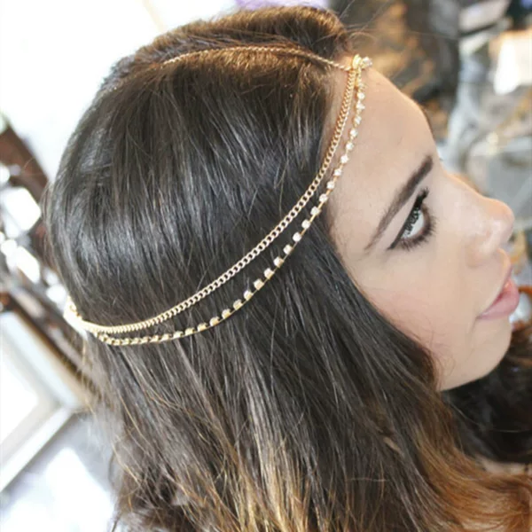 European and American Cross-Border Jewelry Bohemian Metal Tassel Chain Rhinestone Headband Metal Multi-Layer Headpiece Head Chain for Women