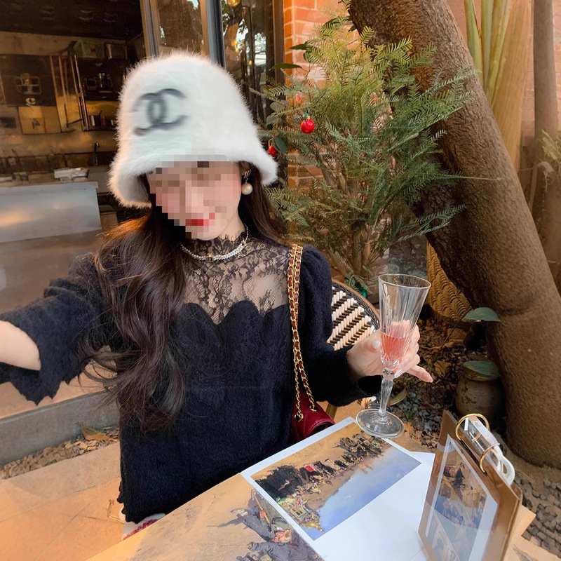 鱼兔子的兔子蕾丝拼接水貂毛毛衣女2025年秋冬白色上衣内搭打底衫|undefined