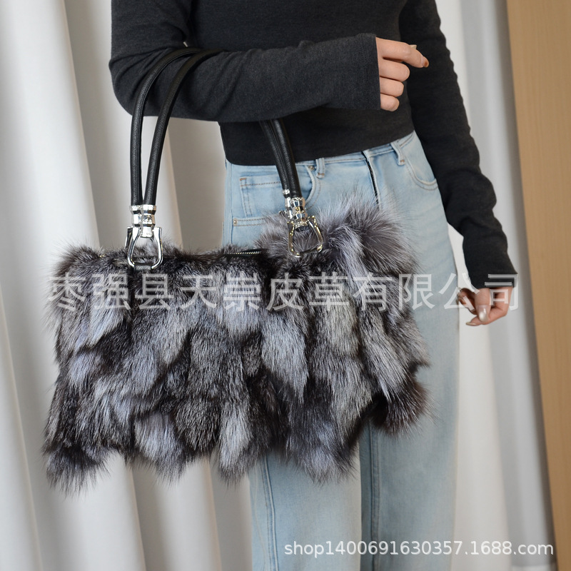 真毛狐狸毛包包女新款高档拼接长绒皮草包手提流行韩系单肩斜跨包