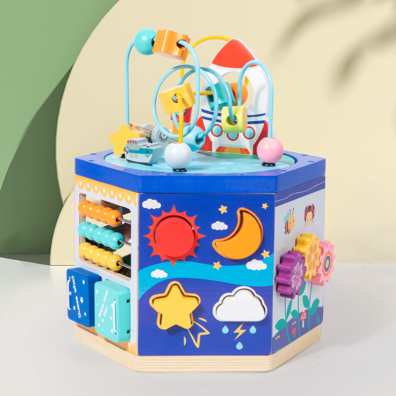 Diversión 7-en-1 multi-funcional de seis lados pintura cuentas redondas tesoro pecho ejercicio bebé pensando lógica educación temprana juguetes educativos