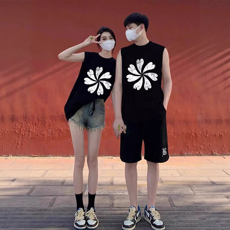 2025 New Summer Couple Wear Short-Sleeved Sleeveless T-Shirt Combed Cotton One Man and One Woman High-End Vest Tops