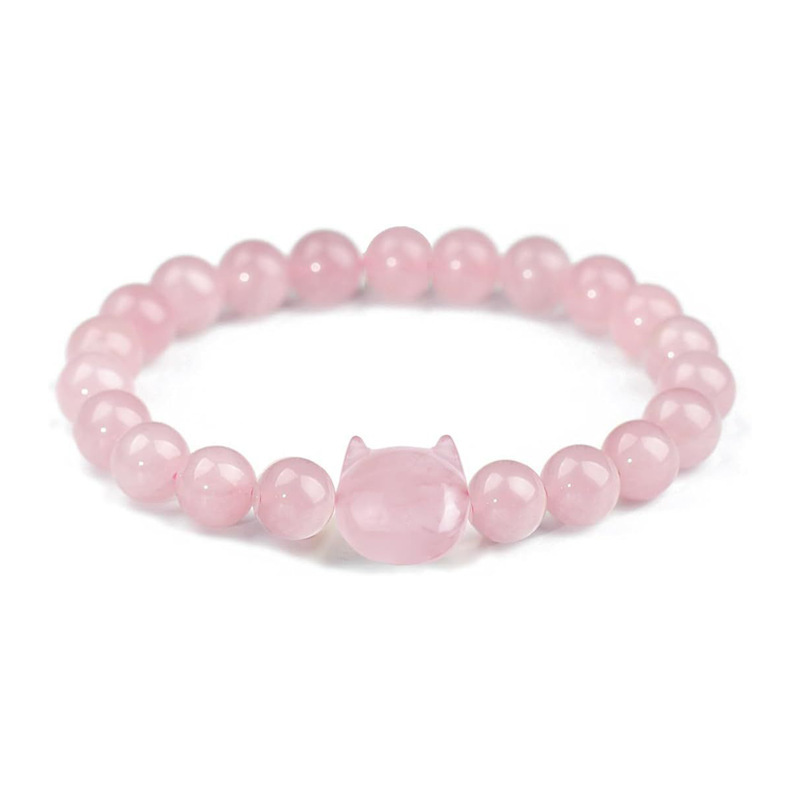 Natural Stone Cat Head Beaded Bracelet Silver Obsidian Tiger Eye Stone Pink White Cat's Eye Stone Good Luck Bracelet Pink Crystal Cat Head Bracelet