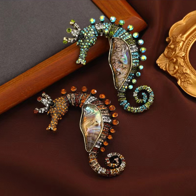 Vintage shell Haima brooch heavy industry rhinestone marine life pin coat suit jacket clothing for men and women