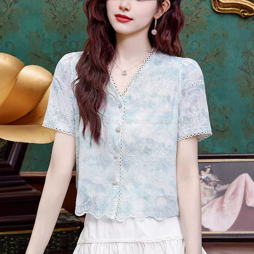 法式减龄短袖雪纺衬衫女2025夏季新款时尚洋气小衫小个子短款上衣