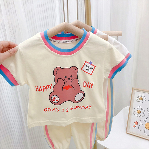 Girls Bear Rainbow Tie Suit Summer 2024 New Baby Girl Summer Clothes Casual Short Sleeves Long Pants Children's Clothes