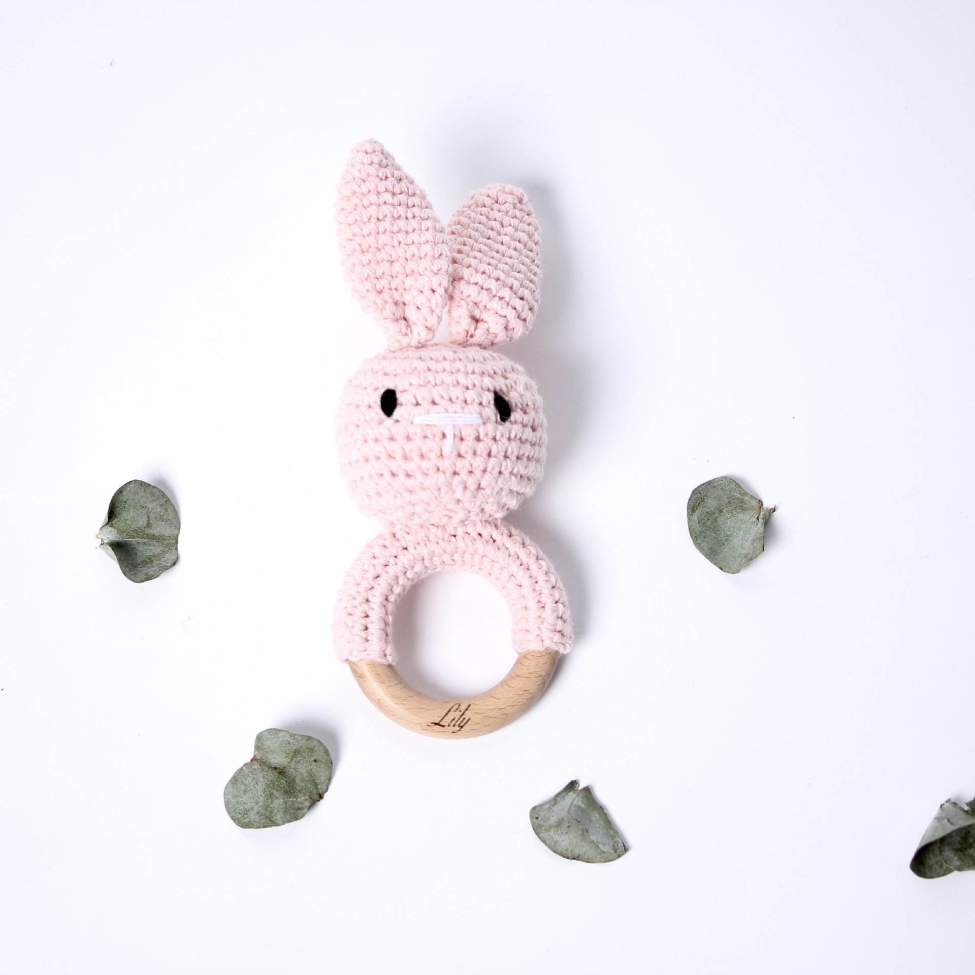 Crochet Rattle Baby Animal Conejo Pascua Crochet Meced Wood Hecho a mano Juguete tranquilizador