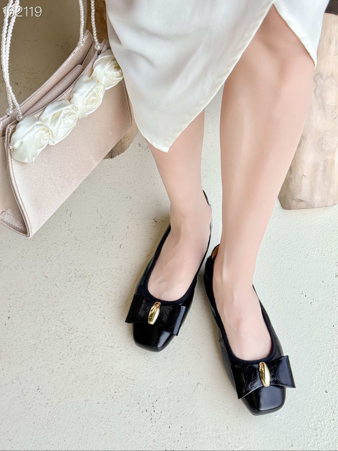 Giày bệt nữ mũi tròn da bò thật đi làm — Màu đen, Màu trắng be chi tiết 6