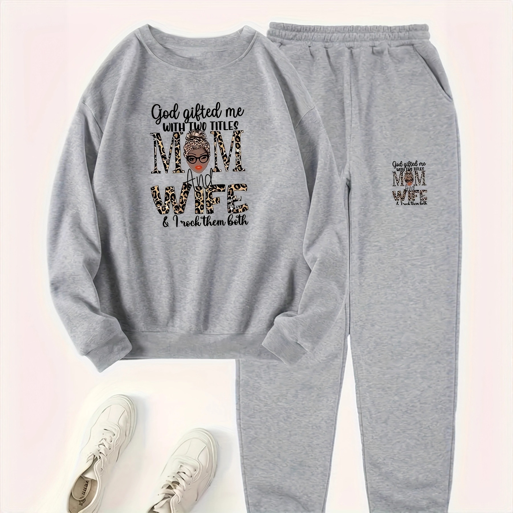 Women's Clothing Fleece Lined Two Piece Set Round Neck Casual Printed Sweatshirt Ensemble_voghion.com