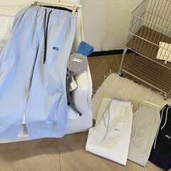 韩代款蓝色窄版直筒运动休闲裤女秋季2025松紧高腰撞色设计感裤子