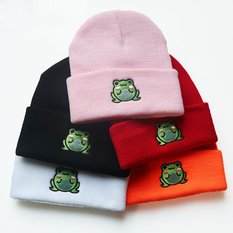 2023 simpatico cartone animato Froggie cappello di lana rana ricamo cappello lavorato a maglia studente Pullover cappello caldo freddo_voghion.com