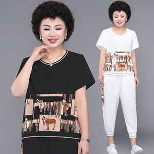Middle-Aged Mother Summer T-Shirt Western Style Two-Piece Set 2021 New Casual Sports Suit 50-Year-Old Middle-Aged and Elderly Women's Clothing