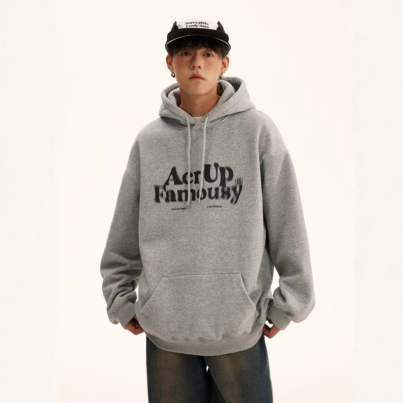 Men's Spring Heavyweight Fuzzy Letter Print Hoodie, American Style Loose Fit Slimming High Street Couple's Sweatshirt
