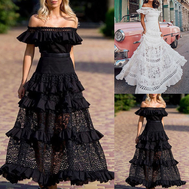 2025 Cross-Border Summer New European and American Export Women's One-Shoulder Ruffled Cut Out Large Hem Lace Dress Long Skirt