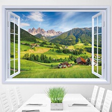 厂家直销3d立体墙贴画风景画墙面装饰客厅卧室假窗户壁画背景墙纸
