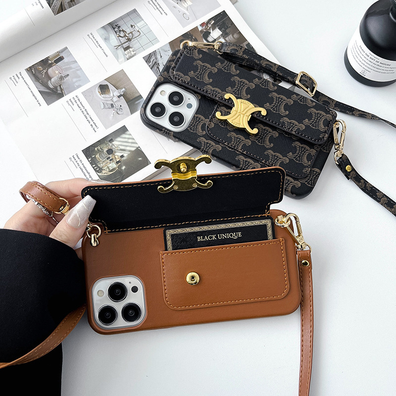 Suitable for Apple 17 Promax Mobile Phone Case, New Model 15 Card Holder, 14/13 Crossbody with Strap, Lanyard, 16 Brown Trendy