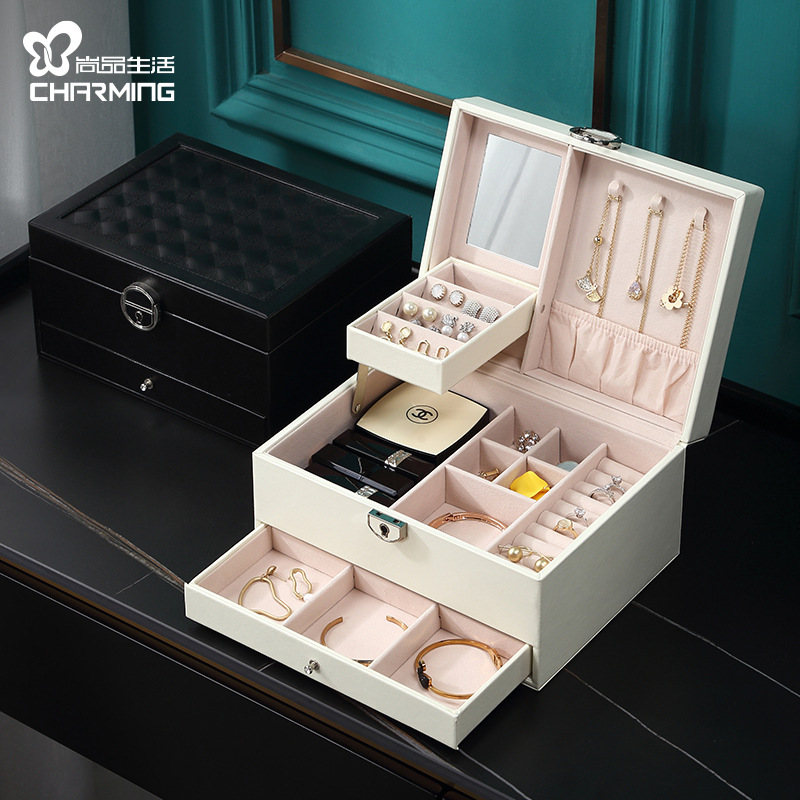 Caja de joyería de lujo ligera, caja de almacenamiento grande de PU, caja de joyería de alta gama con bordado, tipo cajón, para guardar pendientes y joyas.