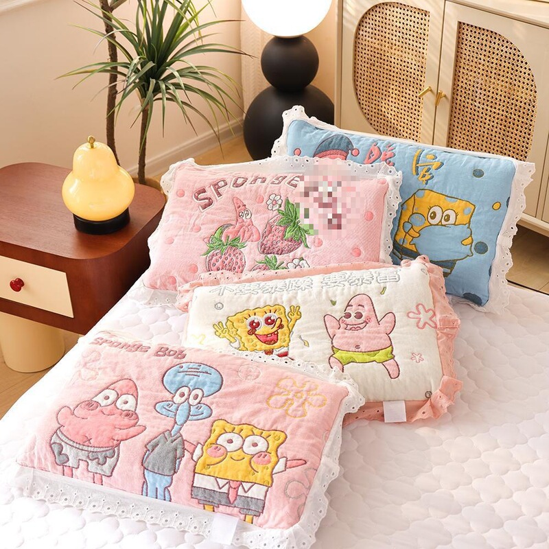 Spongebob Children's Pure Cotton Gauze Pillowcase New Style Skin-Friendly Breathable Non-Shedding Lace Pillow Core Inner Cover