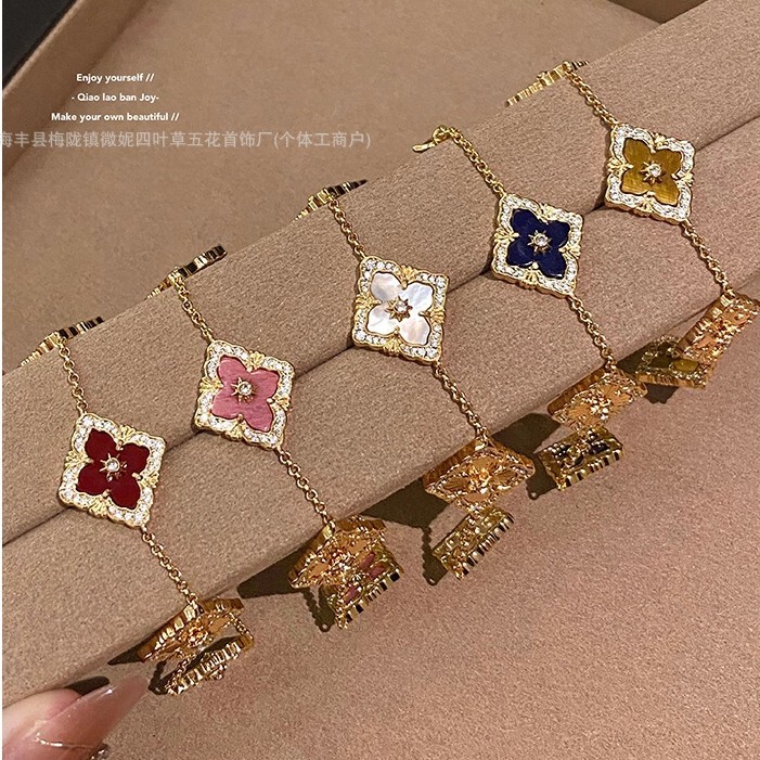 V Gold High Version Bucci Five-Flower Bracelet Double-Sided Brushed Laser Mother-Of-Pearl Bracelet Retro Palace Old Money Style Accessible Luxury