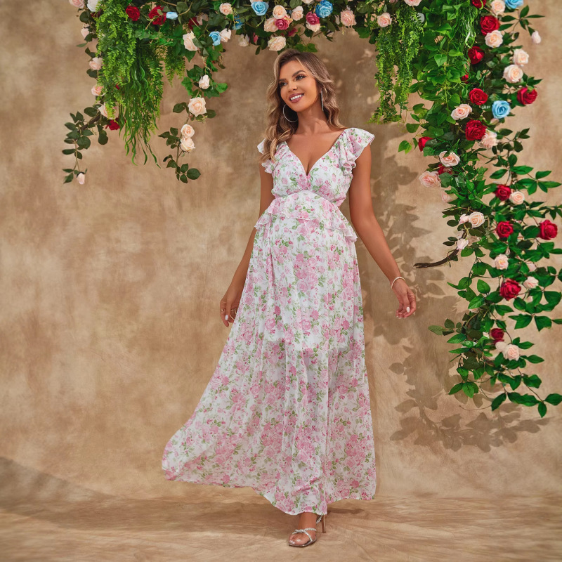 European and American Women's Clothing Cross-Border Amazon New 2026 Sexy Floral Backless Deep V-Neck Maternity Dress
