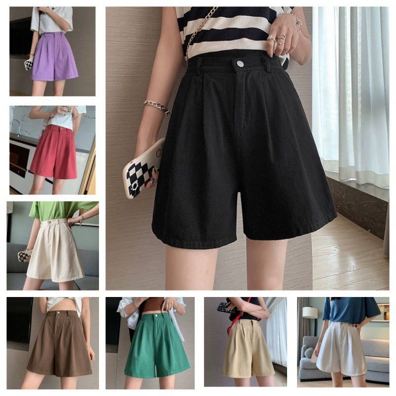 Повседневные шорты женские летние свободные и универсальные брюки А-силуэта с высокой талией и широкими штанинами пять четвертей