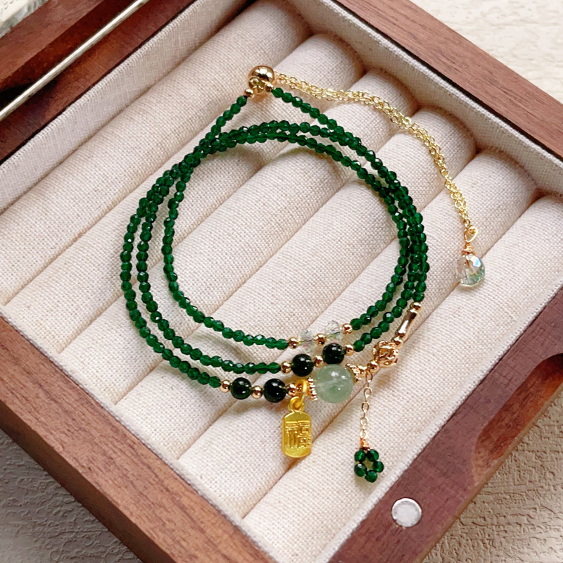 Ultra-Fine Green Spinel Slender Super Flash Imported 14K Stone Three-Circle Bracelet for Men and Women