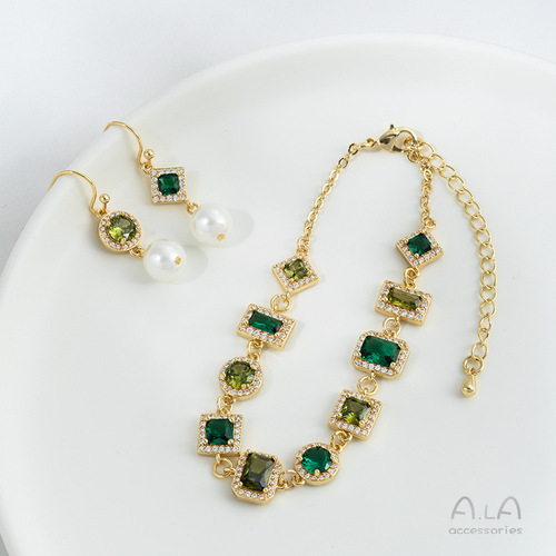 Polished 14K Gold-Plated Emerald Green Zircon Geometric Double Pendant DIY Handmade Jewelry Accessories