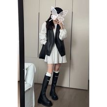 休闲时尚气质套装女秋季新款女装衬衫连衣裙皮马甲两件套女装