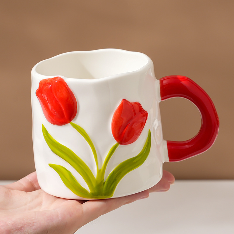 Taza de Tulipanes de alto valor, taza de cerámica esmaltada, regalo del Día del Maestro, taza de agua doméstica para niñas