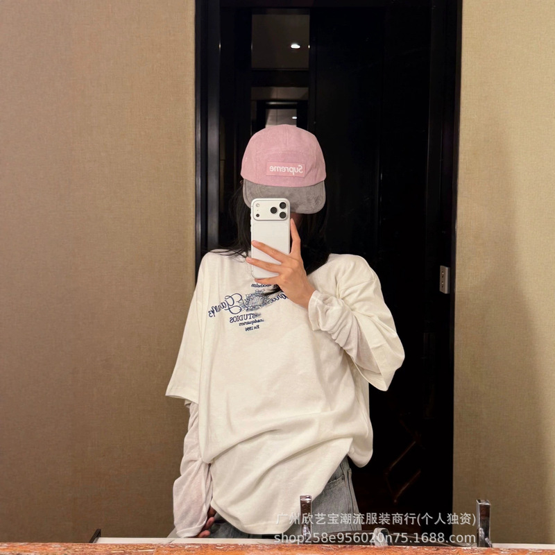 Nanyou Quality 26AC Early Autumn New American Style Fake Two-Piece Embroidered Print Loose Round Neck Mesh Long Sleeve Women's Top Nanyou Quality 26AC Early Autumn New American Style Fake Two-Piece Embroidered Print Loose Round Neck Mesh Long Sleeve Women's Top