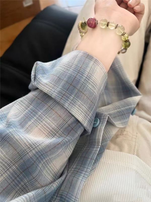 ブルーチェック柄シャツジャケット女性の夏の新しい怠惰なスタイルの日焼け止めシャツ綿とリネンのレイヤードトップクロスボーダー|undefined
