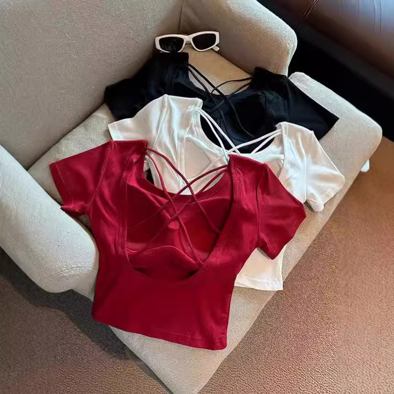 2026 Summer Padded T-Shirt with Pure Desire Style, Back Cutout Design, Tight-Fitting Hot Girl Short-Sleeve Trendy Base Top
