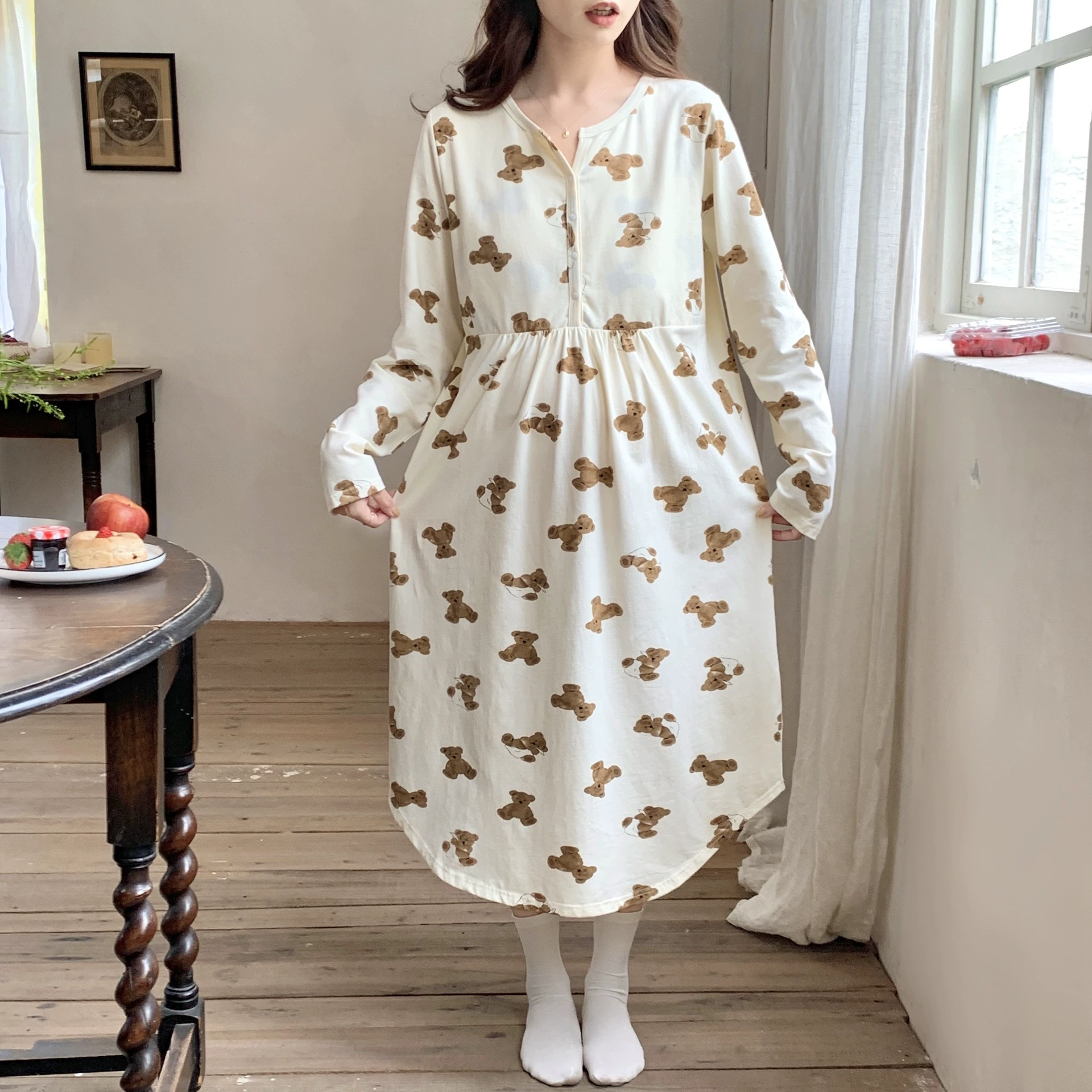 [Готовый запас 88078] Ночная рубашка для беременных и кормящих мам, весенне-осеннее послеродовое платье из чистого хлопка с длинными рукавами, осенне-зимнее платье для беременных