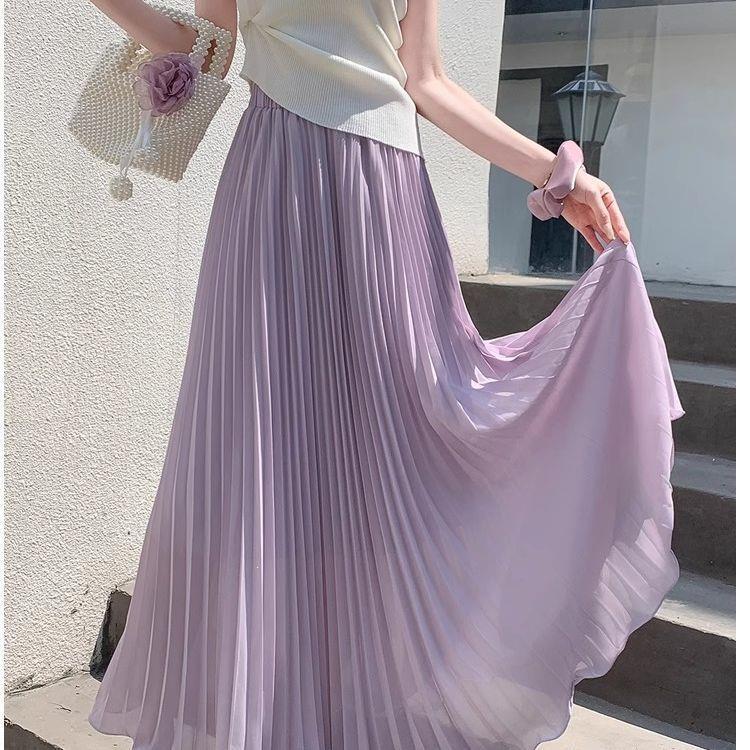 Purple Chiffon Pleated Skirt Women's 2026 Summer New Style Stunning Fairy-Like Gauze Skirt with Large Hem A-Line Long Skirt Purple Chiffon Pleated Skirt Women's 2026 Summer New Style Stunning Fairy-Like Gauze Skirt with Large Hem A-Line Long Skirt
