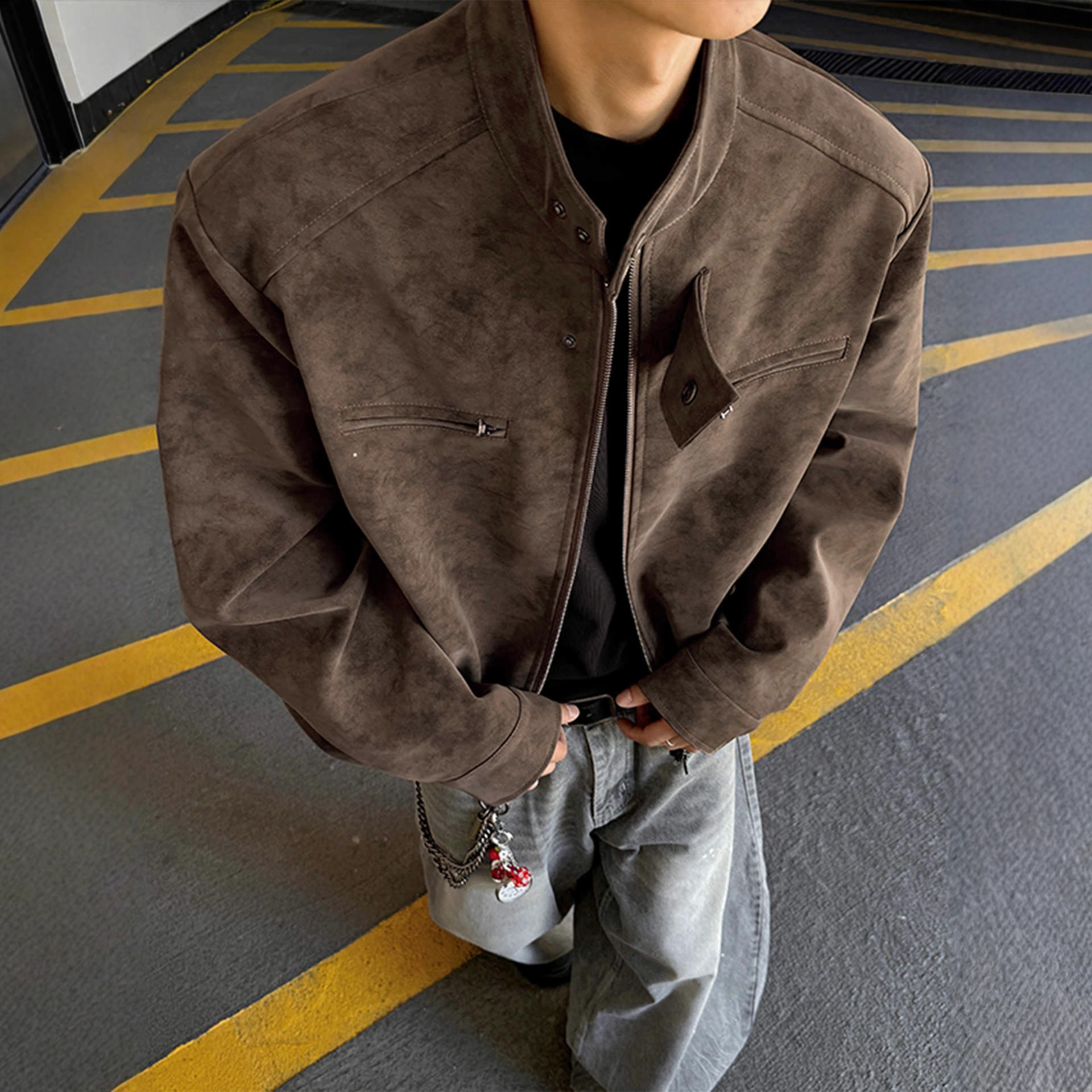 扎染情侣装短款皮衣外套男秋季潮牌美式上衣宽松青少年机车pu皮夹