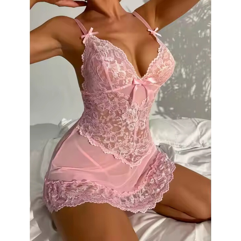 Sexy Mesh Lace Nightgown, Semi-Transparent Lace See-Through Nightwear, Erotic Suspender Nightgown, Sexy Lingerie