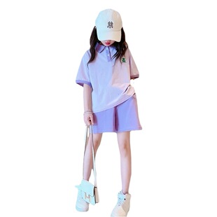 Летний спортивный костюм для девочек 2024 новый стиль Ocean Child Summer Net Red с коротким рукавом шорты колледж набор из двух частей