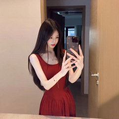 【现货】重要场合绝美连衣裙法式御姐风高级感红色针织吊带长裙子