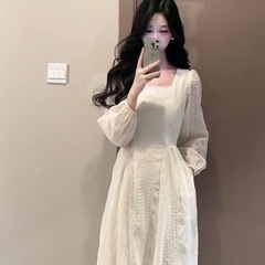 法式温柔杏雨梨云方领裙子女早秋2025新款韩系千金感收腰气质长裙